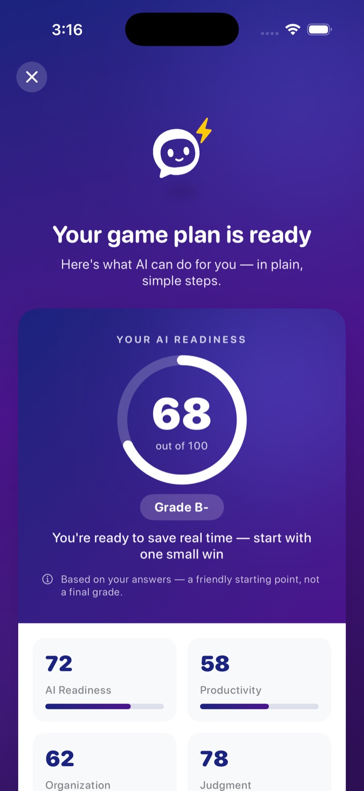 Your game plan is ready — a 68 out of 100 score with grade B-