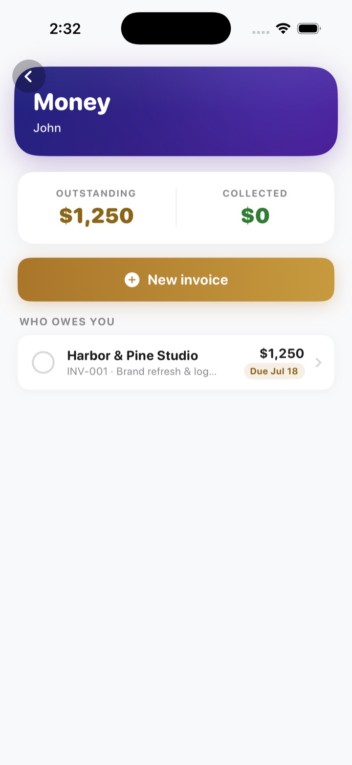 The Money screen with outstanding and collected invoice totals